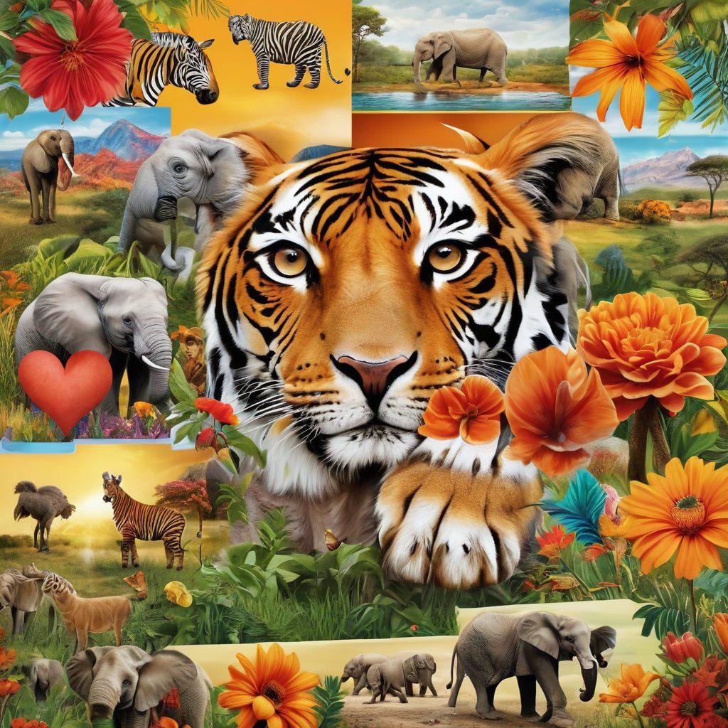 A vivid collage showcasing various animals, from playful pets like dogs and cats to majestic endangered species like elephants and tigers, set against a backdrop of natural landscapes highlighting their habitats. Include elements symbolizing animal rights such as paw prints, hearts, and banners advocating for welfare. Bright, engaging colors to inspire hope and awareness. super-realistic. vibrant colors. 3D.