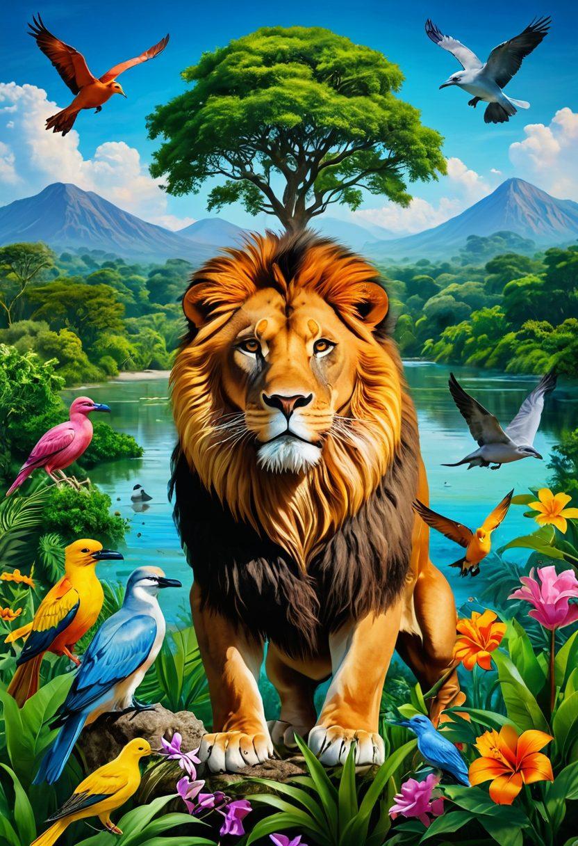 A vibrant landscape showcasing diverse wildlife in their natural habitats, including a majestic lion, playful dolphins, and colorful tropical birds, surrounded by lush greenery and blooming flowers. Include a group of diverse humans actively engaging in conservation efforts, planting trees, and clearing plastic waste. The sky is bright and sunny, symbolizing hope and unity in wildlife protection. painterly style. bright and vibrant colors. serene atmosphere.
