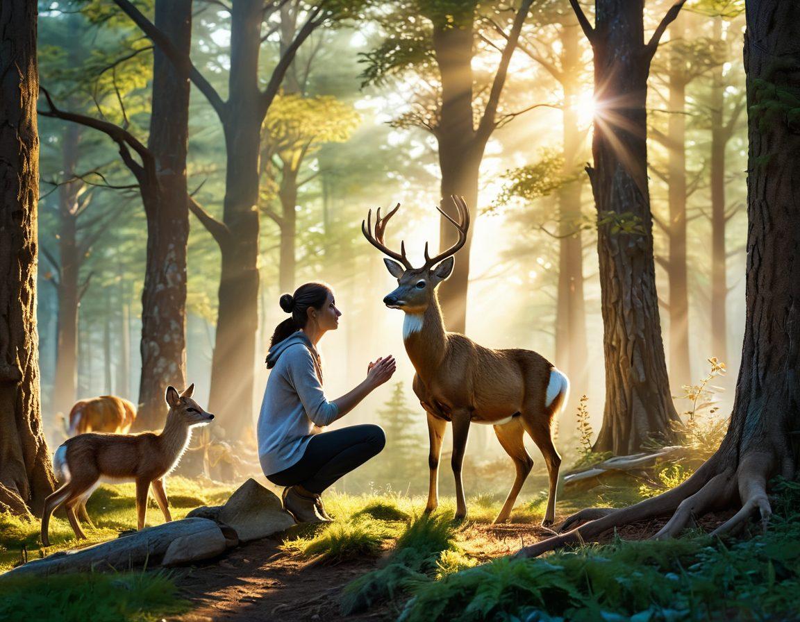A serene forest scene featuring a diverse range of wildlife, including a majestic deer, playful foxes, and colorful birds, all interacting harmoniously. In the foreground, a compassionate person kneels, gently holding a rescued animal, symbolizing care and advocacy. Sunlight filters through the trees, casting warm light on the scene, emphasizing the bond between humans and nature. Super-realistic. Vibrant colors. Nature backdrop.